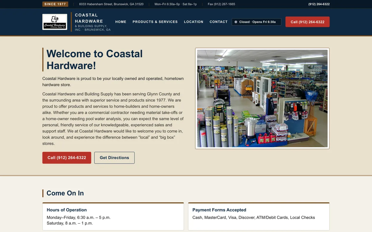 Coastal Hardware home page with a storefront hero and product categories.