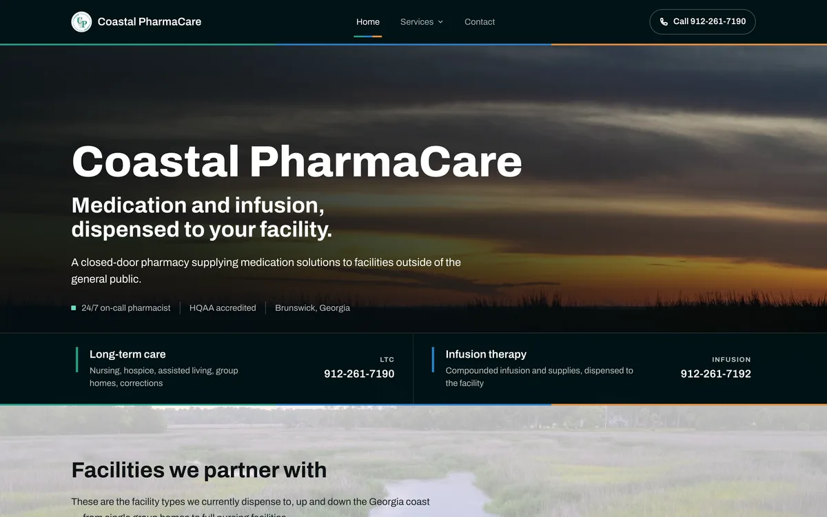 Coastal PharmaCare home page over a coastal marsh photograph.