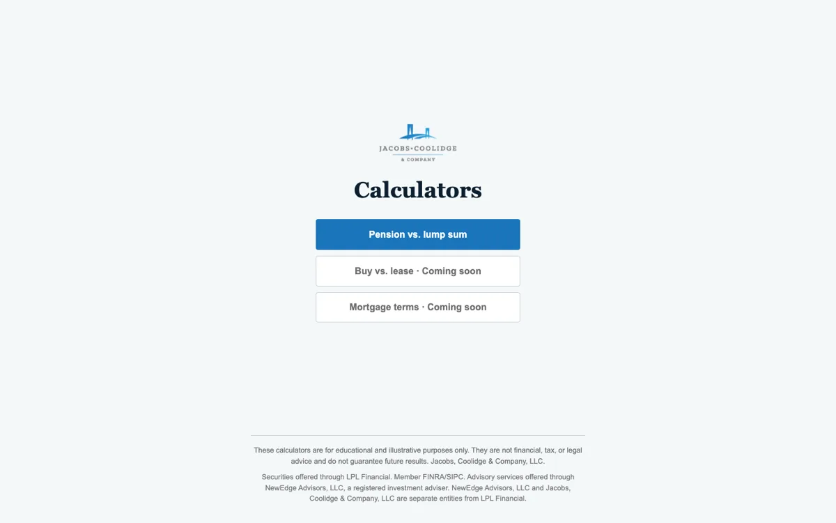 Calculators hub with a live Pension vs. lump sum control and two coming-soon rows.
