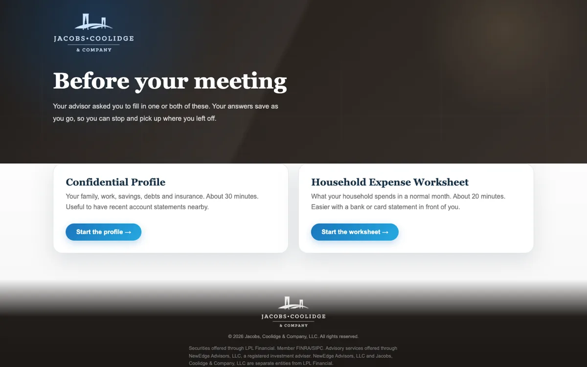 Chooser page with two cards: Confidential Profile and Household Expense Worksheet.