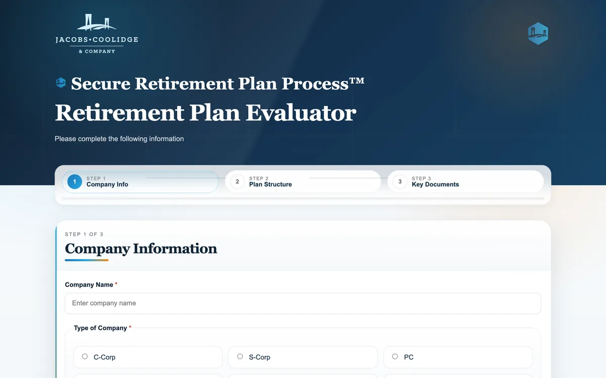 Step one of the evaluator, a company information form under a stepper.
